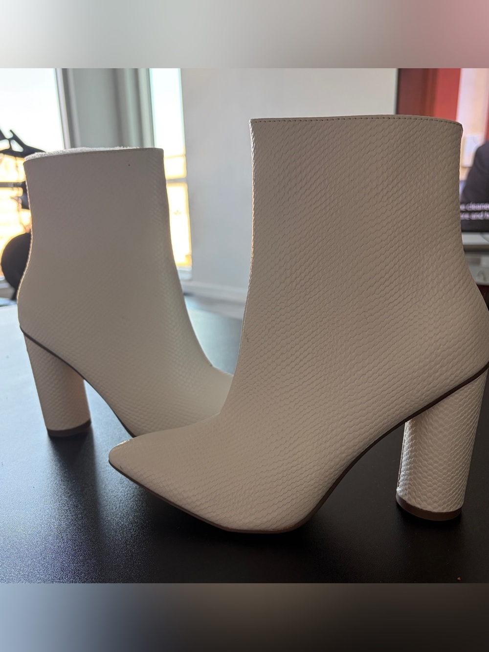 Fashion Nova Cream Snake Print Textured Pointed Toe Ankle Booties